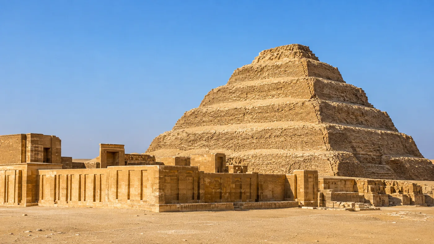 المدرجات الست لهرم زوسر المدرج في سقارة في ضوء الصباح الساطع، وأمامه سور المجموعة ذو الكوات